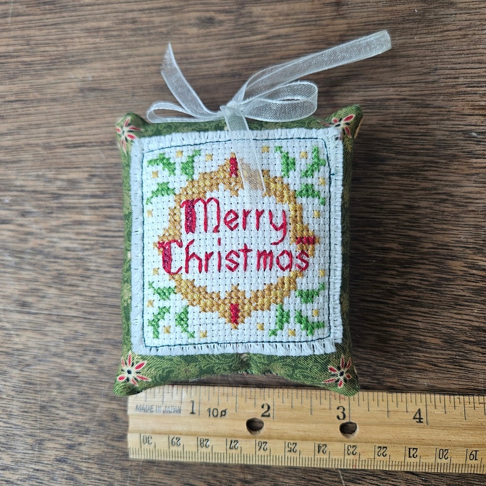 Handmade Merry Christmas Cross Stitch Pillow Ornament Green Red Holiday Decor‎